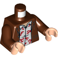 Torse, veste, ouvert sur Chemise blanche avec motif imprimé Scorpions rouges, bras brun rougeâtre, mains nougat clair (Torso, Jacket, Open over White Shirt with Red Scorpions Print, Reddish Brown Arms, Light Nougat Hands)