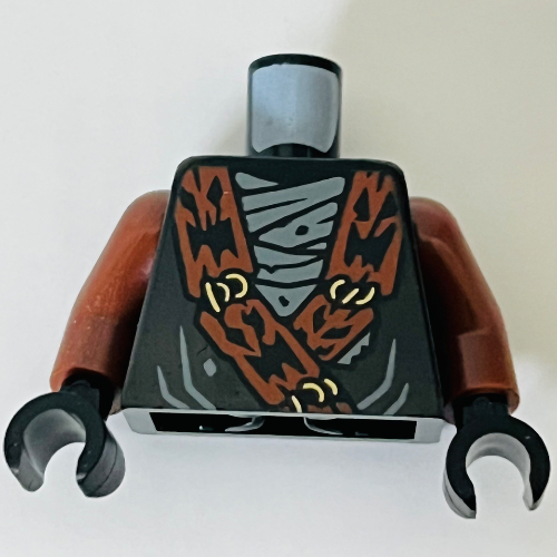 Torse, bras brun rougeâtre, mains noires avec robes ninja, garniture orange foncé, pinces jaunes, motif imprimé écailles gris bleuâtre clair, motif imprimé (Torso, Reddish Brown Arms, Black Hands with Ninja Robes, Dark Orange Trim, Yellow Clamps, Light Bluish Grey Scales Print, Print)