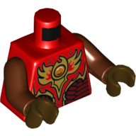Torse, armure avec plaques rouge foncé, emblème de feu d'or avec orbe orange (CHI) motif imprimé, bras brun rougeâtre, mains brun foncé (Torso, Armor with Dark Red Plates, Gold Fire Emblem with Orange Orb (CHI) Print, Reddish Brown Arms, Dark Brown Hands)