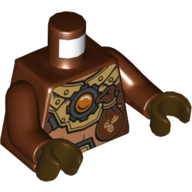 Torse, fourrure, or armure mécanique, pochette et feu Chi emblème motif imprimé, bras brun rougeâtre, mains brun foncé (Torso, Fur, Gold Mechanical Armor, Pouch and Fire Chi Emblem Print, Reddish Brown Arms, Dark Brown Hands)