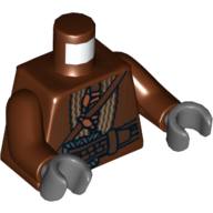 Torse, veste avec sangle, grande boucle argentée et boutons orange à bascule imprimés, bras brun rougeâtre, mains gris bleuté foncé (Torso, Jacket with Strap, Large Silver Buckle and Orange Toggle Buttons Print, Reddish Brown Arms, Dark Bluish Gray Hands)