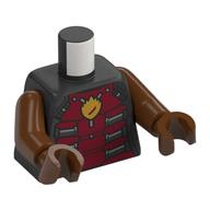 Torse, armure rouge foncé, motif imprimé flamme orange, bras brun rougeâtre, mains brun rougeâtre (Torso, Dark Red Armor, Orange Flame Print, Reddish Brown Arms, Reddish Brown Hands)