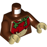 Torse, tunique, rouge avec sangle de vigne verte, nageur nu avec motif imprimé estomac de singe, bras brun rougeâtre, mains beiges (Torso, Tunic, Red with Green Vine Strap, Bare Midriff with Monkey Stomach Print, Reddish Brown Arms, Tan Hands)