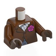 Torse, veste avec bouton unique sécurisé, fleur rose, chemise blanche avec motif imprimé lignes bleu sable, bras brun rougeâtre, mains brun terre d’ombre (Torso, Jacket with Single Button Secured, Pink Flower, White Shirt with Sand Blue Lines Print, Reddish Brown Arms, Umber Brown Hands)