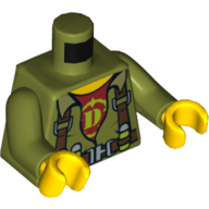 Chemise et harnais dino torse, maillot de corps rouge foncé avec motif imprimé 'D', bras vert olive, mains jaunes (Torso Dino Shirt and Harness, Dark Red Undershirt with 'D' Print, Olive Green Arms, Yellow Hands)