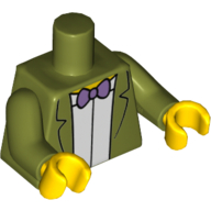 Visuel indicatif Rebrickable de Veste torse, motif : nœud papillon lavande et chemise blanche, vert olive, mains jaunes (Torso Jacket, Lavender Bow Tie and White Shirt Print, Olive Green, Yellow Hands)