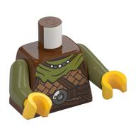 Torse, armure échelle, manteau vert olive, bracelets marron foncé motif imprimé, bras vert olive, mains jaunes (Torso, Scale Armor, Olive Green Cloak, Dark Brown Straps Print, Olive Green Arms, Yellow Hands)