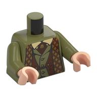 Visuel indicatif Rebrickable de Robe torse, or et garniture de nougat moyen, décorations, gilet, cravate orange foncée avec motif imprimé connecteur or, bras vert olive, mains nougat moyen (Torso Robe, Gold and Medium Nougat Trim, Decorations, Vest, Dark Orange Tie with Gold Pin Print, Olive Green Arms, Medium Nougat Hands)