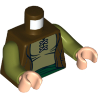 Visuel indicatif Rebrickable de Gilet torse avec chemise vert olive et ceinture vert foncé motif imprimé, bras vert olive, mains nougat clair (Torso Vest with Olive Green Shirt and Dark Green Sash Print, Olive Green Arms, Light Nougat Hands)