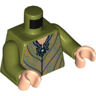 Visuel indicatif Rebrickable de Tunique torse, motif imprimé décorations en or elfe, bras vert olive, mains nougat clair (Torso Tunic, Elven Gold Decorations Print, Olive Green Arms, Light Nougat Hands)