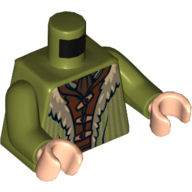 Visuel indicatif Rebrickable de Manteau torse avec doublure en fourrure beige sur chemise marron rougeâtre imprimé, bras vert olive, mains nougat clair (Torso Coat with Tan Fur Lining over Reddish Brown Shirt Print, Olive Green Arms, Light Nougat Hands)