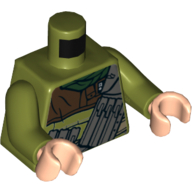 Visuel indicatif Rebrickable de T-chemise à capuche avec col brun foncé et vert foncé, ceinture utilitaire gris foncé et bandoulière imprimées, bras vert olive, mains nougat clair (Torso Hoodie with Dark Brown and Dark Green Collar, Dark Bluish Gray Utility Belt and Shoulder Strap Print, Olive Green Arms, Light Nougat Hands)