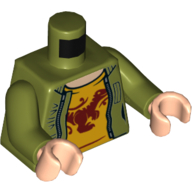 Visuel indicatif Rebrickable de Veste torse, Chemise jaune avec motif imprimé rouge Dino, bras vert olive, mains nougat clair (Torso Jacket, Yellow Shirt with Red Dino Print, Olive Green Arms, Light Nougat Hands)