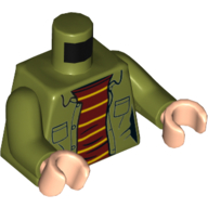 Visuel indicatif Rebrickable de Veste torse, Chemise rayée rouge/jaune, Motif imprimé poches, bras vert olive, mains nougat clair (Torso Jacket, Red/Yellow Striped Shirt, Pockets Print, Olive Green Arms, Light Nougat Hands)
