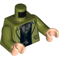 Visuel indicatif Rebrickable de Torse, veste rayée, gilet noir, motif : chemise gris bleuté foncé, bras vert olive, mains nougat clair (Torso, Striped Jacket, Black Vest, Dark Bluish Grey Shirt Print, Olive Green Arms, Light Nougat Hands)