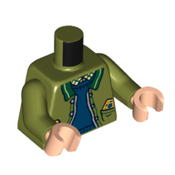 Veste torse, pull ouvert sur bleu, garniture vert foncé, sucette dans la poche motif imprimé, bras vert olive, mains nougat clair (Torso Jacket, Open over Blue Sweater, Dark Green Trim, Lollipop in Pocket Print, Olive Green Arms, Light Nougat Hands)