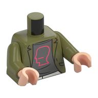 Visuel indicatif Rebrickable de Torse, Veste, Chemise gris bleuté foncé, Tête corail Esquisse motif imprimé, bras vert olive, mains nougat clair (Torso, Jacket, Dark Bluish Grey Shirt, Coral Head Outline Print, Olive Green Arms, Light Nougat Hands)