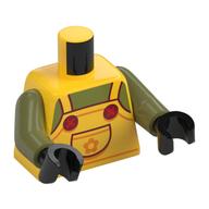 Visuel indicatif Rebrickable de Torse, Jaune Dans l'ensemble, Motif imprimé Boutons rouges, bras vert olive, mains noires (Torso, Yellow Overall, Red Buttons Print, Olive Green Arms, Black Hands)