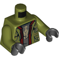 Manteau de torse, poches, ouvert sur sweat à capuche rouge foncé et sous-vêtement gris bleuâtre foncé avec motif imprimé symbole jaune, bras vert olive, mains noires (Torso Coat, Pockets, Open over Dark Red Hoodie and Dark Bluish Gray Undershirt with Yellow Symbol Print, Olive Green Arms, Black Hands)