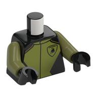 Torse, combinaison de course, poitrine vert olive, motif imprimé taureau lamborghini noir, bras vert olive, mains noires (Torso, Racing Suit, Olive Green Chest, Black Lamborghini Bull Print, Olive Green Arms, Black Hands)