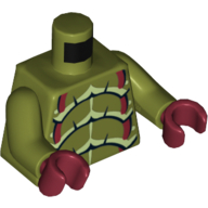 Visuel indicatif Rebrickable de Buggoid d'escouade de galaxie de torse avec le motif imprimé d'exosquelette rouge foncé, vert jaunâtre et noir, bras vert olive, mains rouge foncé (Torso Galaxy Squad Buggoid with Dark Red, Yellowish Green and Black Exoskeleton Print, Olive Green Arms, Dark Red Hands)