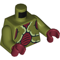 Visuel indicatif Rebrickable de Moustique avec motif imprimé exosquelette rouge foncé, vert jaunâtre et noir, bras vert olive, mains rouge foncé (Torso Galaxy Squad Mosquitoid with Dark Red, Yellowish Green and Black Exoskeleton Print, Olive Green Arms, Dark Red Hands)
