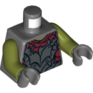 Torse brut armure platemail et chemise rouge foncé lambeaux motif imprimé (moria orc), bras vert olive, mains gris bleuté foncé (Torso Crude Platemail Armor and Dark Red Shirt Tattered Print (Moria Orc), Olive Green Arms, Dark Bluish Gray Hands)