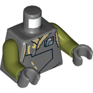 Visuel indicatif Rebrickable de Gilet torse avec panneaux superposés et badge en argent métallisé imprimé, bras vert olive, mains gris bleuté foncé (Torso Vest with Overlapping Panels and Metallic Silver Badge Print, Olive Green Arms, Dark Bluish Gray Hands)