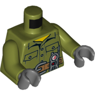 Chemise de torse, poches, ceinture, motif radio imprimé, bras vert olive, mains gris bleuté foncé (Torso Shirt, Pockets, Belt, Radio Print, Olive Green Arms, Dark Bluish Gray Hands)