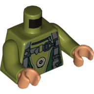 Combinaison torse avec panneaux vert foncé, bracelets gris bleuté foncé motif imprimé, bras vert olive, mains nougat (Torso Jumpsuit with Dark Green Panels, Dark Bluish Gray Straps Print, Olive Green Arms, Nougat Hands)