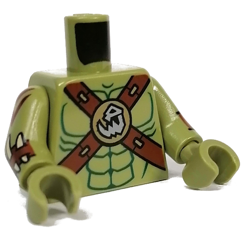 Torse, bracelets brun rougeâtre, motif imprimé crâne, bras et mains vert olive (Torso, Reddish Brown Straps, Skull Print, Olive Green Arms and Hands)