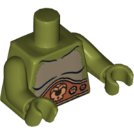 Visuel indicatif Rebrickable de Torse nu Poitrine, Fourrure et Ceinture avec Crâne et Bijoux motif imprimé, bras et mains vert olive (Torso Bare Chest, Fur and Belt with Skull and Jewels Print, Olive Green Arms and Hands)