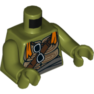 Visuel indicatif Rebrickable de Tortue torse coquillage avec ceintures marron foncé, motif : lunettes de soleil et écharpe orange, bras et mains vert olive (Torso Turtle Shell with Dark Brown Belts, Sunglasses and Orange Scarf Print, Olive Green Arms and Hands)