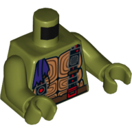 Visuel indicatif Rebrickable de Carapace de tortue de torse avec ceinture brun foncé, sangles avec radio, pochettes et appareils, et motif imprimé bandana violet, bras et mains vert olive (Torso Turtle Shell with Dark Brown Belt, Straps with Radio, Pouches and Devices, and Purple Bandana End Print, Olive Green Arms and Hands)