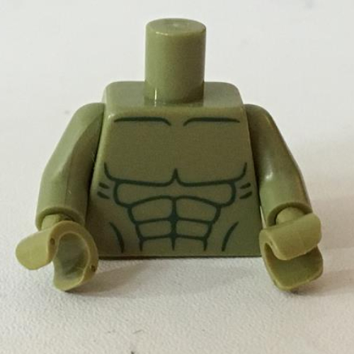 Visuel indicatif Rebrickable de Torse nu poitrine avec des muscles vert foncé contour motif imprimé (coque), bras et mains vert olive (Torso Bare Chest with Dark Green Muscles Outline Print (Hulk), Olive Green Arms and Hands)