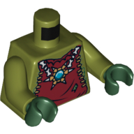 Gilet rouge sombre torse avec collier en forme d'étoile avec bijou rond bleu (chi), dos avec motif imprimé de mâchoires de crocodile or, bras vert olive, mains vert foncé (Torso Dark Red Vest with Star Shaped Necklace with Blue Round Jewel (Chi), Back with Gold Crocodile Jaws Print, Olive Green Arms, Dark Green Hands)