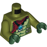 Visuel indicatif Rebrickable de Torse Peau de crocodile avec bandana rouge foncé et collier avec motif imprimé Chi orbe, bras vert olive, mains vert foncé (Torso Crocodile Skin with Dark Red Bandana and Necklace with Chi Orb Print, Olive Green Arms, Dark Green Hands)