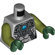 Armure en argent torse avec sangles et bleu bijou rond (chi) motif imprimé, bras vert olive, mains vert foncé (Torso Silver Armor with Straps and Blue Round Jewel (Chi) Print, Olive Green Arms, Dark Green Hands)