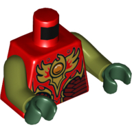 Gilet torse avec armure rouge foncé et or avec des écailles et feu chi emblème motif imprimé, bras vert olive, mains vert foncé (Torso Vest with Dark Red and Gold Armor with Scales and Fire Chi Emblem Print, Olive Green Arms, Dark Green Hands)