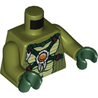 Visuel indicatif Rebrickable de Peau de crocodile torse avec des sangles de croisement vert foncé et feu chi emblème motif imprimé, bras vert olive, mains vert foncé (Torso Crocodile Skin with Dark Green Crossing Straps and Fire Chi Emblem Print, Olive Green Arms, Dark Green Hands)
