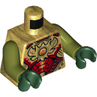 Visuel indicatif Rebrickable de Armure de torse, rouge, rouge foncé et plaques d'or avec motif imprimé bijou orange 'Chi', bras vert olive, mains vert foncé (Torso Armor, Red, Dark Red, and Gold Plates with Orange Jewel 'Chi' Print, Olive Green Arms, Dark Green Hands)