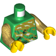 Visuel indicatif Rebrickable de Robe torse avec bordure vert foncé, motif imprimé flammes blanches et dorées, bras or nacré, mains jaunes (Torso Robe with Dark Green Trim, White and Gold Flames Print, Pearl Gold Arms, Yellow Hands)