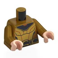 Torse, armure dorée, col noir, motif : ceinture avec inscription 'S', bras or nacré, mains nougat clair (Torso, Gold Armor, Black Collar, Belt with 'S' Print, Pearl Gold Arms, Light Nougat Hands)