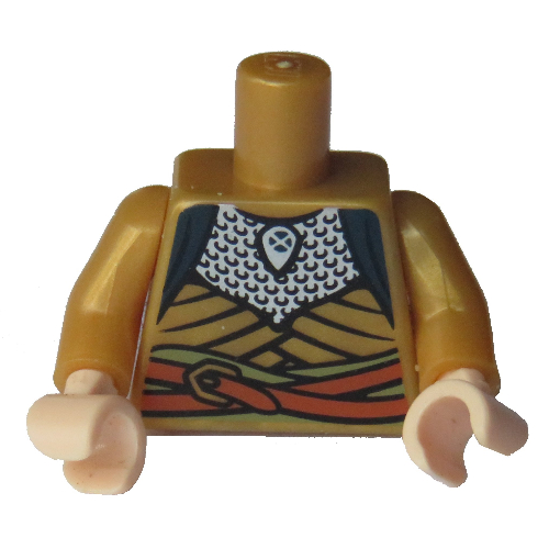 Visuel indicatif Rebrickable de Robe torse avec armure à écailles en argent et ceinture orange imprimé, bras or nacré, mains nougat clair (Torso Robe with Silver Scale Mail and Orange Belt Print, Pearl Gold Arms, Light Nougat Hands)