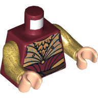 Visuel indicatif Rebrickable de Manteau et armure d'Elfe torse avec ceinture et lacets sur le motif imprimé à l'arrière (Haldir), bras or nacré, mains nougat clair (Torso Elven Coat and Armor with Belt and Laces on Back Print (Haldir), Pearl Gold Arms, Light Nougat Hands)