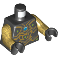 Armure de torse avec des écailles noires, des bords en or, des diamants à la vert citron et des bijoux ronds bleus (chi) motif imprimé, bras or nacré, mains noires (Torso Armor with Black Scales, Gold Edges, Lime Diamonds and Blue Round Jewel (Chi) Print, Pearl Gold Arms, Black Hands)