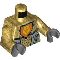 Armure de torse avec panneaux gris clair, Bouclier orange avec motif imprimé tête de lion jaune, bras or nacré, mains gris bleuté foncé (Torso Armor with Light Gray Panels, Orange Shield with Yellow Lion Head Print, Pearl Gold Arms, Dark Bluish Gray Hands)