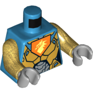 Torse, Armure or et argent avec tête de dragon sur motif imprimé bouclier pentagonal orange, bras or nacré, mains gris bleuté clair (Torso, Armor Gold and Silver with Dragon Head on Orange Pentagonal Shield Print, Pearl Gold Arms, Light Bluish Gray Hands)