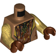 Torse robe, ouverte sur la tunique avec des taches brun rougeâtre et jaune, cravates en dentelle motif imprimé, bras or nacré, mains brun rougeâtre (Torso Robe, Open over Tunic with Reddish Brown and Yellow Spots, Lace Neck Ties Print, Pearl Gold Arms, Reddish Brown Hands)