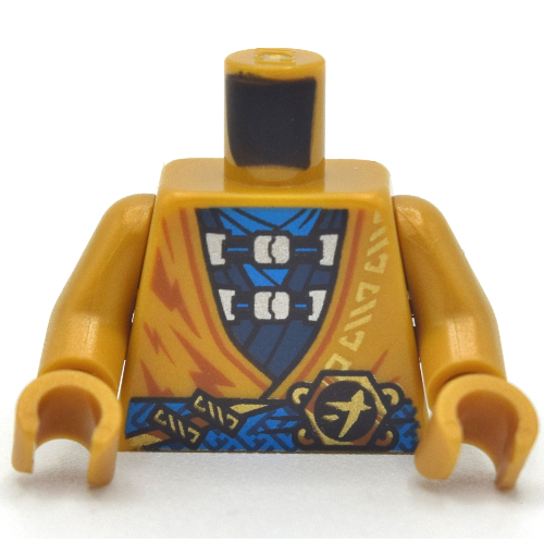 Robe torse avec ceinture bleue, tunique bleu/bleu foncé, motif imprimé symbole asiatique or, bras et mains or nacré (Torso Robe with Blue Sash, Blue/Dark Blue Tunic, Gold Asian Symbol Print, Pearl Gold Arms and Hands)